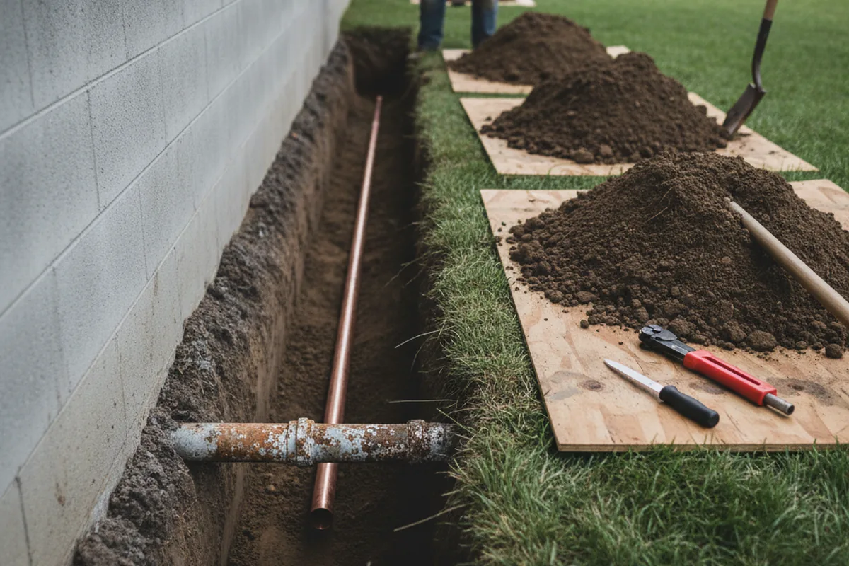 Excavated water line trench during Sewer Line Repair in Goshen